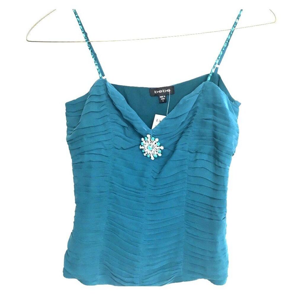 Vintage Y2K Bebe Teal Silk Pleated Cami Top Jeweled Brooch NWT Small